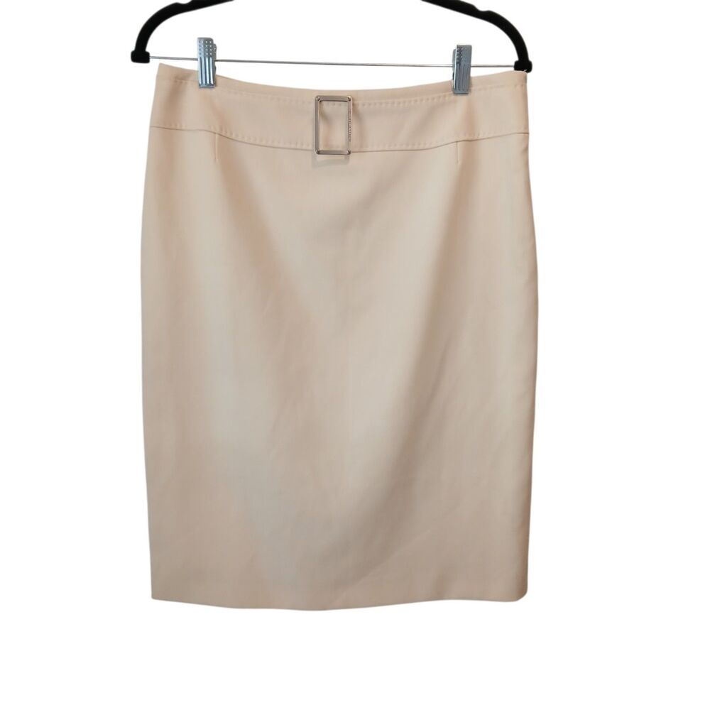 Adrienne Vittadin Skirt Ivory Cream White Size 8 Virgin Wool Silver Logo Buckle